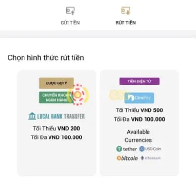 chọn rút tiền M88