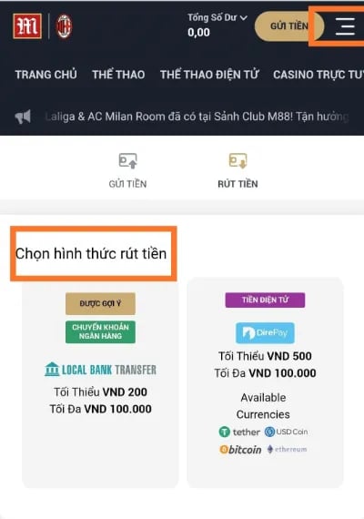 chọn phương thức rút tiền game tài xỉu