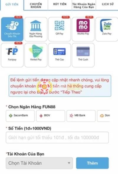 chọn phương thức nạp tiền Fun88