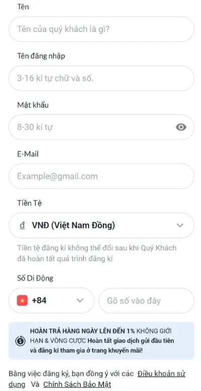 điền form đăng ký M88