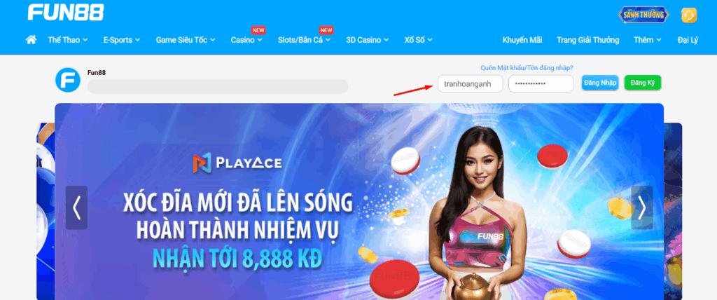 Điền thông tin đăng nhập tài khoản Fun88