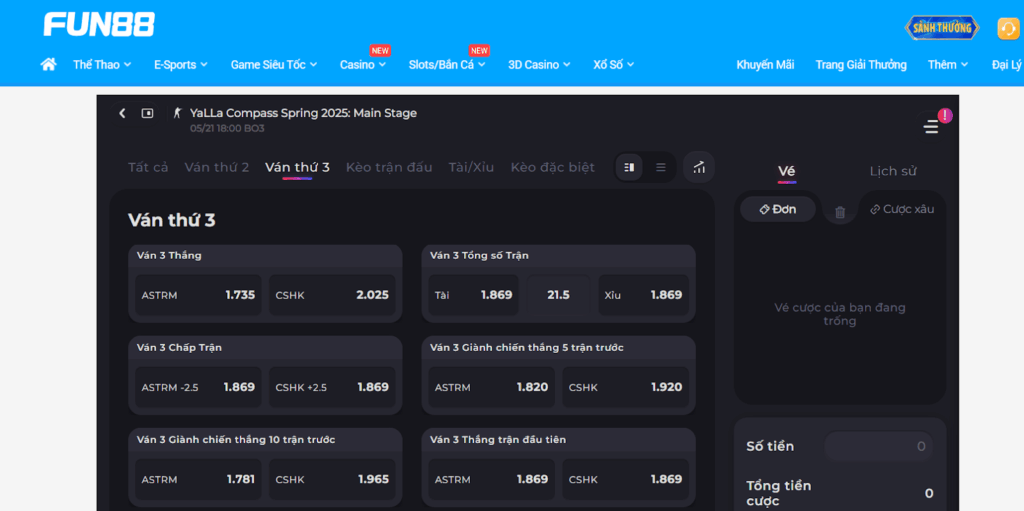 Các trận đấu Esports tại Fun88 có đa dạng kèo cược